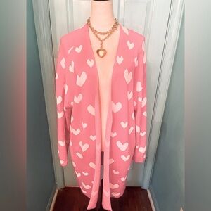 💕 Driftwood Jeans Heart Intarsia Cardigan - Pink with White Hearts. Large.